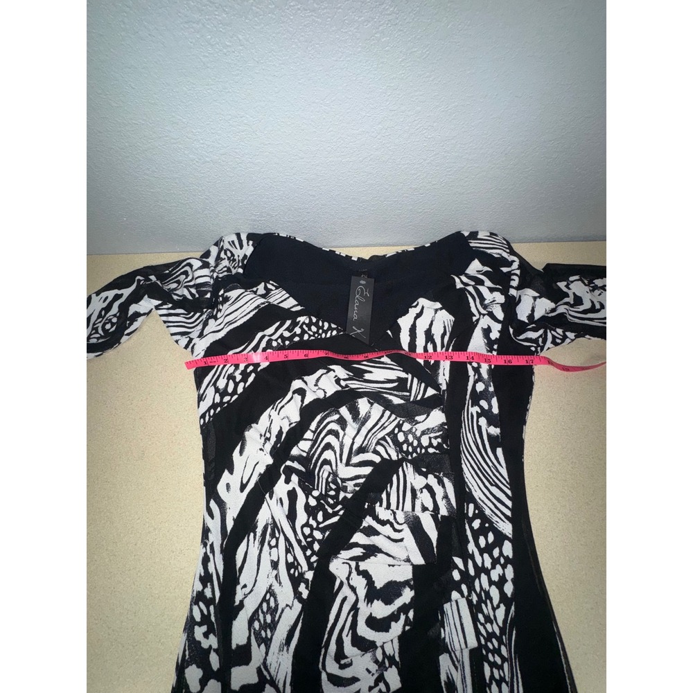Elana Kattan Black White Abstract Animal Print Ruched Mesh Sleeve Dress M NWT - Picture 7 of 7